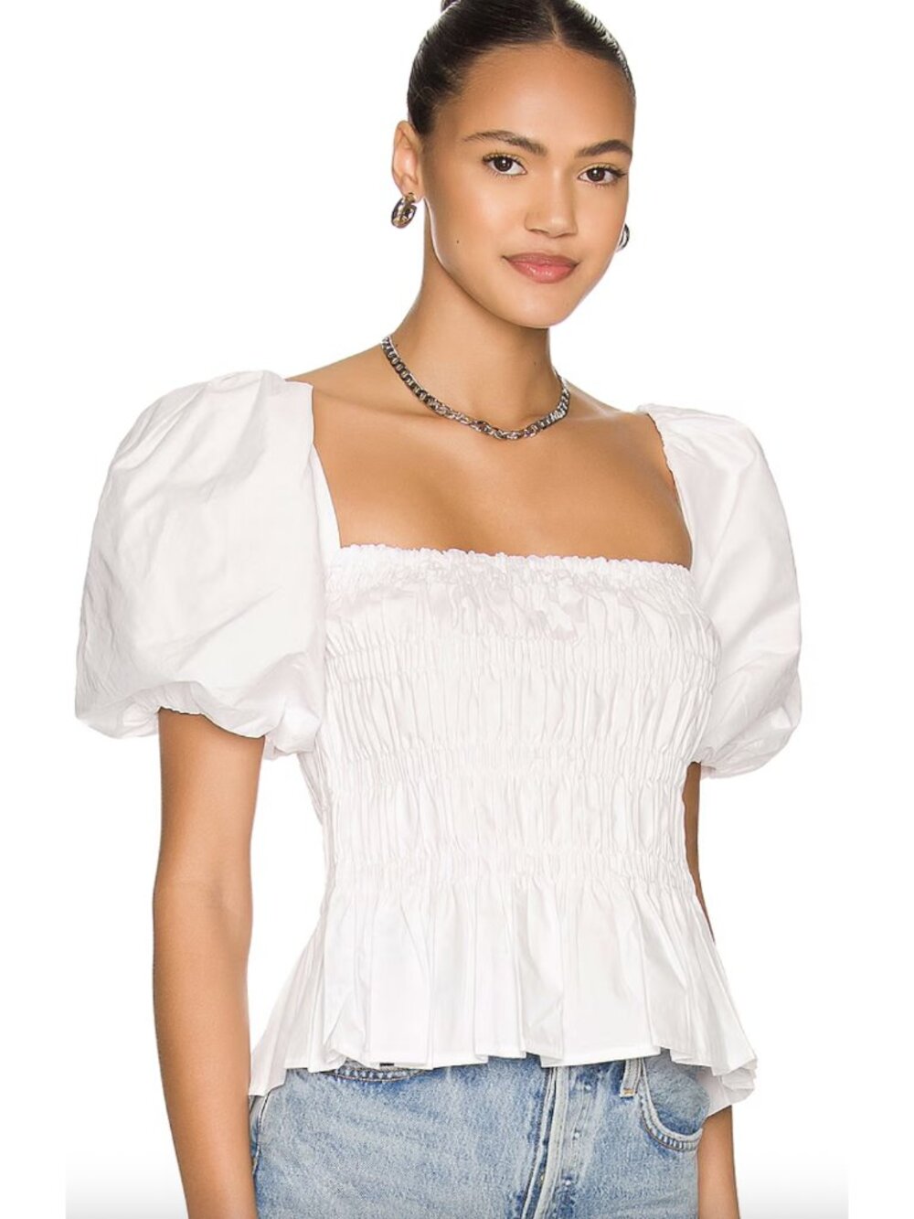 ASTR THE LABEL Savina Puff Sleeve Smocked Top White XS Cottagecore Coquette